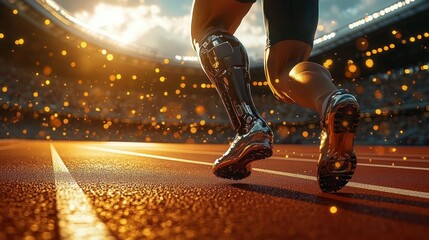 Athlete with a high-tech prosthetic leg running on a track in a stadium illuminated by warm glowing sunlight creating an inspiring and dynamic atmosphere