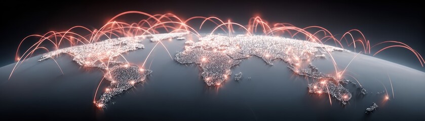 Extensive world map illuminated with glowing interconnected lines illustrating global connectivity and international communication networks