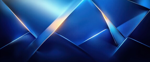 Abstract composition of intersecting blue metallic planes with sharp edges illuminated by bright golden light accents creating dynamic geometric shapes