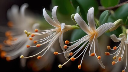 Delicate white blooms w/ long filaments, against dark