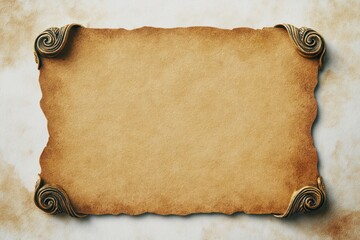 Vintage aged parchment paper with curled edges and decorative gold metal corner protectors on a textured surface