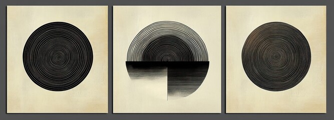 Three minimalist black and white circular abstract art prints with concentric lines and geometric patterns on beige textured backgrounds
