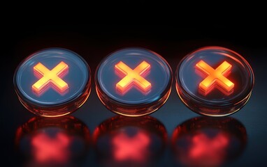 Three glowing red X symbols inside transparent round buttons casting reflections on a dark surface conveying a sense of error or rejection