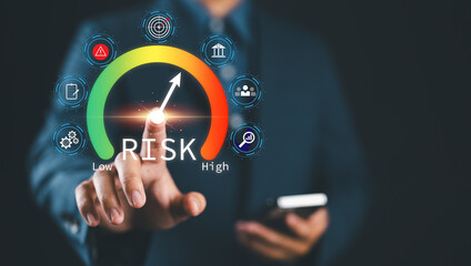 Risk assessment and management performance indicator gauge. Risk level gauge from low to high, performance evaluation, analysis, strategic planning, and decision making process for business continuity