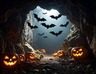 A carved pumpkin-lined cave with illuminated faces greets a viewer as shadowy bats fly above, amidst a dim, spooky scene