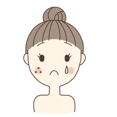 Illustration of a sad woman with skin problems, including acne and a tear on her cheek.