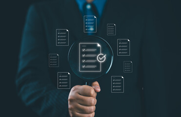 Document review process and quality control concept. Man holding magnifying glass over a document icon with checklist, document review and approval. Certificate management, Audit, certified,