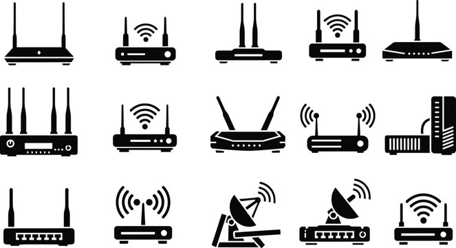 Wireless router modem satellite dish server icons, internet connection technology devices, WiFi signal equipment, communication hardware, cad drawing flat vector illustration