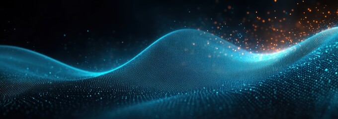 Abstract digital wave pattern composed of glowing blue particles forming smooth flowing curves with scattered orange light sparks in dark background