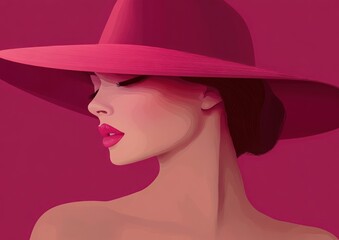 Profile portrait of a woman with closed eyes wearing a wide-brimmed hat in shades of pink and red, exuding calm and elegance