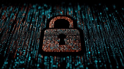 Digital Security Lock Icon in Dark Background with Blue and Orange Data Streams for Cybersecurity and Technology Protection Concept