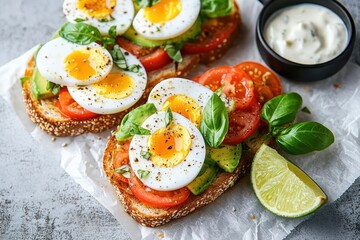 Two open-faced sandwiches topped with sliced soft-boiled eggs, avocado, tomato slices, fresh basil, and ground pepper served with a lime wedge and creamy dipping sauce on parchment paper