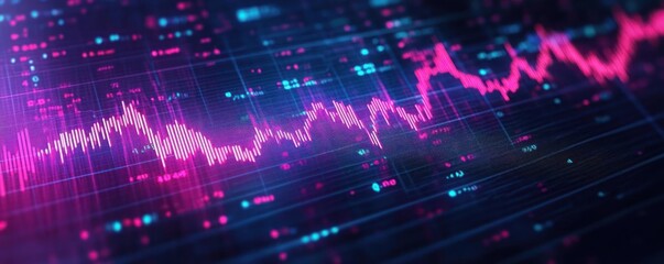 Digital graph with fluctuating neon pink and blue lines representing data trends and analytics on a dark background
