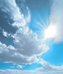 Bright sun shining through large fluffy clouds in a vibrant blue sky with rays of sunlight spreading outward, creating a serene and uplifting atmosphere