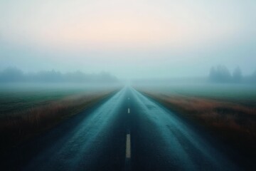 Empty wet road stretching into dense morning fog over open fields with faint tree line in the background evoking calm and mystery