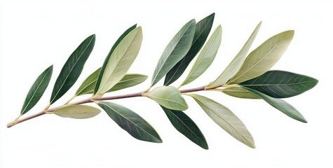 Close-up of a slender branch with multiple elongated green and pale leaves arranged alternately on a thin brown stem against a white background