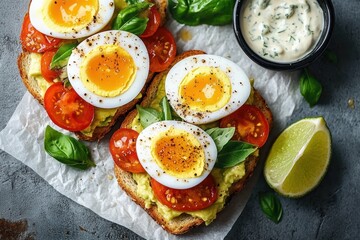 Two open-faced sandwiches topped with sliced boiled eggs, cherry tomatoes, fresh basil leaves, and avocado spread served with a creamy herb dip and a lime wedge on parchment paper