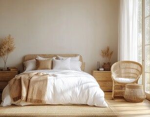 Cozy neutral bedroom with white and beige bedding, wicker chair, natural textures, and soft natural light from large window creating calm atmosphere