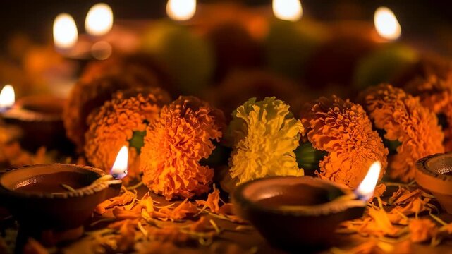raditional Diwali Decoration with Marigold Flowers and Oil Lamps