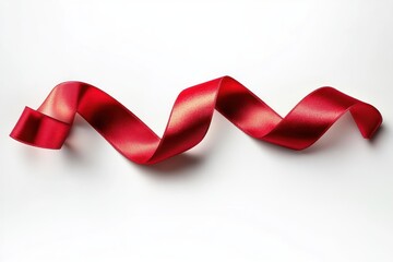 Curled satin ribbon in bright red flowing smoothly with soft shadows on white background conveying elegance and celebration