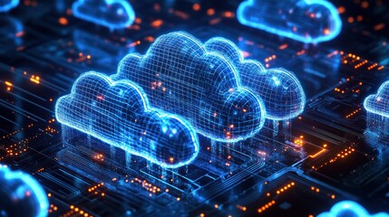 Futuristic blue digital cloud icons hovering over a glowing circuit board representing cloud computing and data storage technology