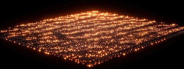 Glowing orange light particles arranged in a dense grid pattern on a dark background creating a sense of depth and digital energy