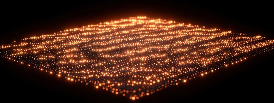 Glowing orange light particles arranged in a dense grid pattern on a dark background creating a sense of depth and digital energy