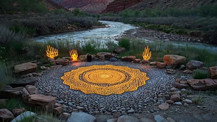 Illuminated golden mandala art installation sits on river stones in tranquil canyon landscape by flowing river at dusk for peaceful mystical spiritual ambiance concept - Powered by Adobe