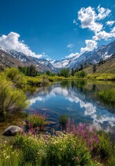 Fototapeta premium Scenic Mountain Landscape with Reflection of Snow-Capped Peaks and Blooming Wildflowers in Verdant Valley