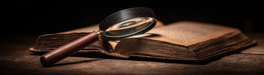 Old vintage leather-bound open book with magnifying glass on dark wooden surface for research history studying or detective concept