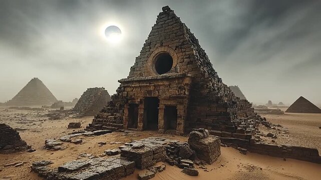 Ancient Nubian pyramids stand in desolate sandy desert under dramatic cloudy sky with mysterious eclipse for history archaeology cosmic wonder concept