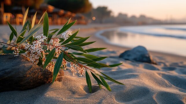 Close up of delicate green leaves with tiny white flowers on a sandy beach at sunrise with gentle waves in the background and soft golden light highlighting the scene