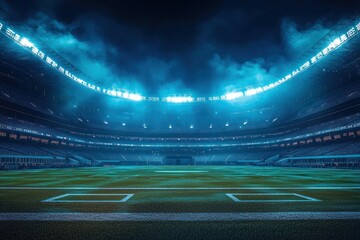 Wide view of a large, empty baseball stadium illuminated by bright floodlights under a dramatic cloudy night sky