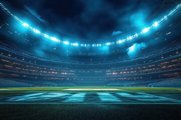 Illuminated empty baseball stadium under dramatic night sky with bright floodlights and fresh green grass
