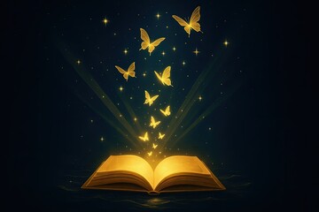 A magical book releasing glowing butterflies.