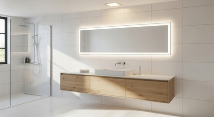 Modern bathroom vanity with integrated lighting and sleek fixtures creating a luxurious spa-like atmosphere