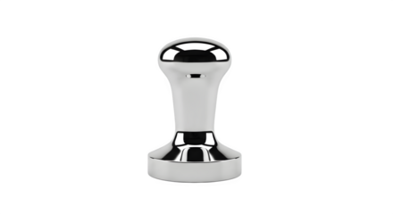 Shiny metal coffee tamper isolated on transparent background, ideal for showcasing espresso preparation and barista tools