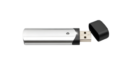 Silver usb flash drive isolated on transparent background, a portable storage device for transferring and backing up digital files and data