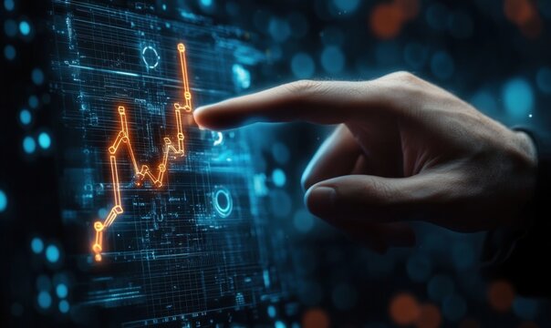 Hand interacting with futuristic transparent digital interface displaying a glowing orange fluctuating graph and data points in a dark high-tech environment