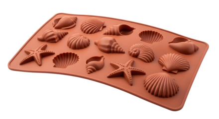 Silicone mold with seashell shapes isolated on transparent background, perfect for creating decorative chocolates, candies, and desserts with ocean theme