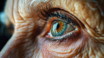 Close-up of an elderly person's eye showing detailed wrinkles, eyelashes, and vibrant iris with warm natural lighting