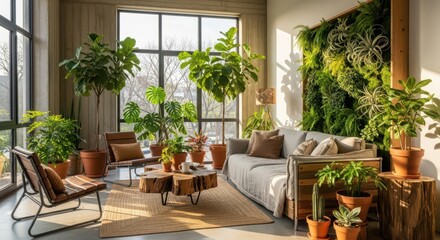 Obraz premium Lush indoor oasis with vertical garden and abundant natural light creating a serene living space