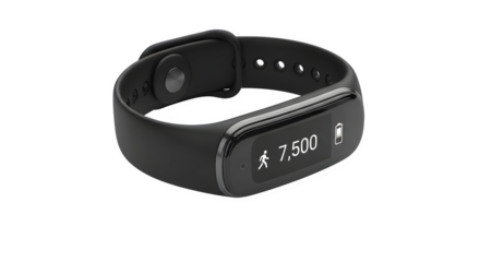 Sleek black fitness tracker isolated on transparent background, displaying step count and activity data, ideal for health monitoring and active lifestyle