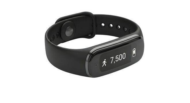 Sleek black fitness tracker isolated on transparent background, displaying step count and activity data, ideal for health monitoring and active lifestyle