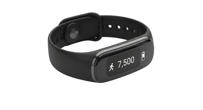Sleek black fitness tracker isolated on transparent background, displaying step count and activity data, ideal for health monitoring and active lifestyle