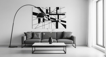 Modern living room with sleek sofa contemporary art and arc floor lamp for stylish interior design inspiration