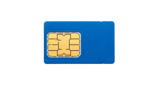 Closeup of a blue sim card isolated on transparent background, showcasing its gold chip and compact design for mobile communication technology