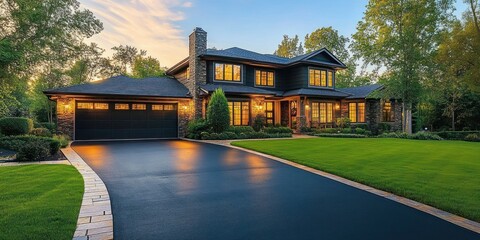 Fototapeta premium Modern two-story house with warm interior lights, stone chimney, surrounded by green manicured lawn and trees during dusk