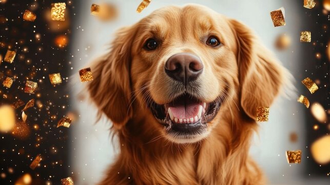 close-up of a happy golden retriever with mouth open and tongue slightly out surrounded by floating golden confetti pieces