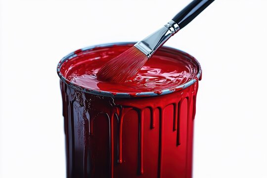 close-up of a paintbrush resting in an open can of bright red paint with paint drips running down the side, evoking creativity and vivid color